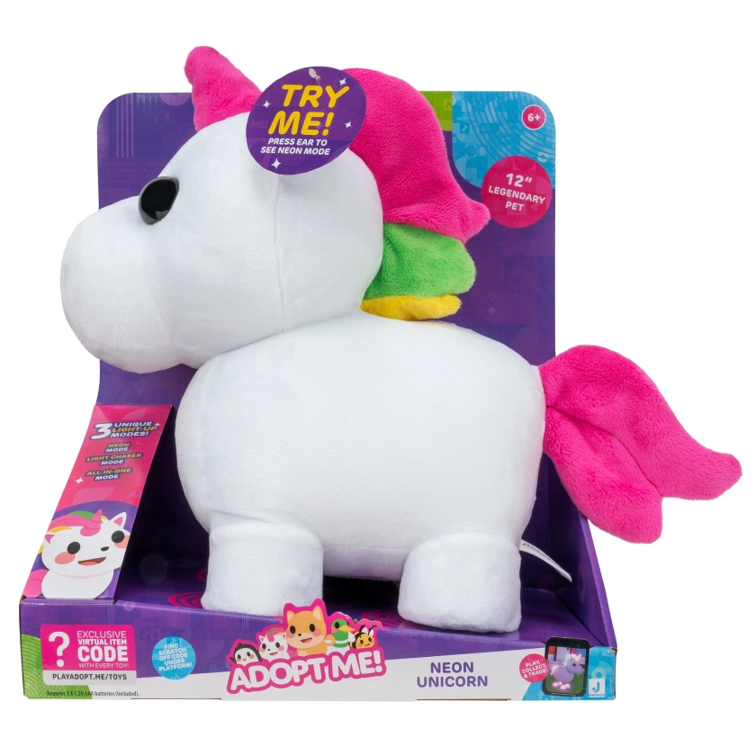 Adopt Me! Neon Unicorn Light-Up Plush - Soft and Cuddly - Three Light-Up Modes - Toys for Kids