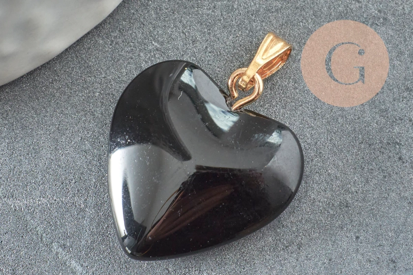 Colgante de corazón dorado de cristal negro de quilates 22 mm, colgante de amor dorado de cristal, creación de joyas, X1 G6209