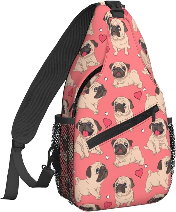 Cartoon Pugs Puppies Sling Backpack Chest Bag Crossbody Shoulder Bag Gym Cycling Travel Hiking Daypack For Men Women, Multicolor