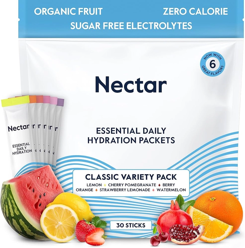 Nectar Hydration Packets - Electrolytes Powder Packets - Sugar Free & 0 Calorie - Organic Fruit Liquid Daily IV Hydrate Packets for Dehydration Relief and Rehydration (Variety 30 Pack)