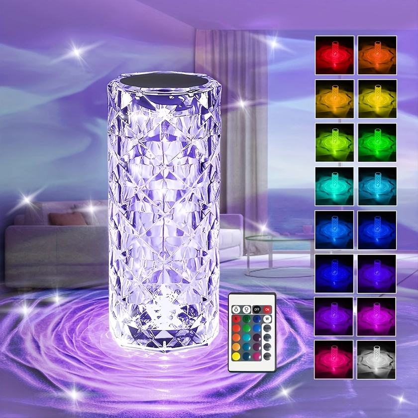 1pc Remote Control Touch Crystal Table Lamp, Rose Atmosphere Lamp, Three-color Touch Crystal Lamp, 16 Colors RGB Night Light, Atmosphere Lamp Bedroom