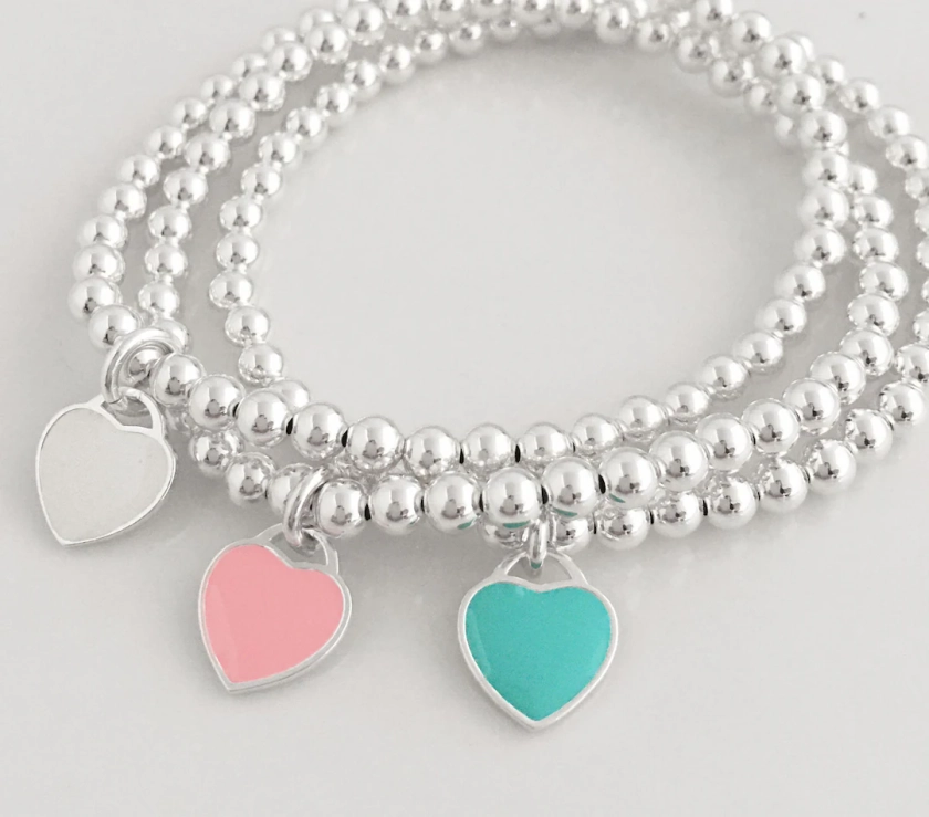 925 Sterling Silver Stretch Heart Charm Bracelets, Charm Bracelet, Hearts,Stacked Bracelets