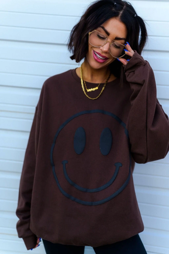 The World Needs Your Magic Puff Print Pullover in Mocha + Black