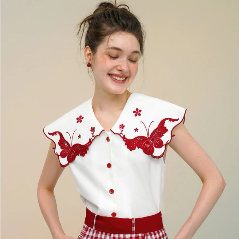 Butterfly and flower embroidery collar blouse