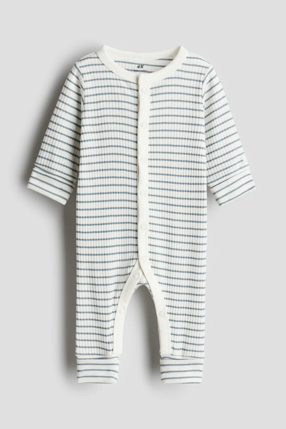 Adjustable-fit romper suit - Round neck - Long sleeve - White/Green striped - Kids | H&M GB