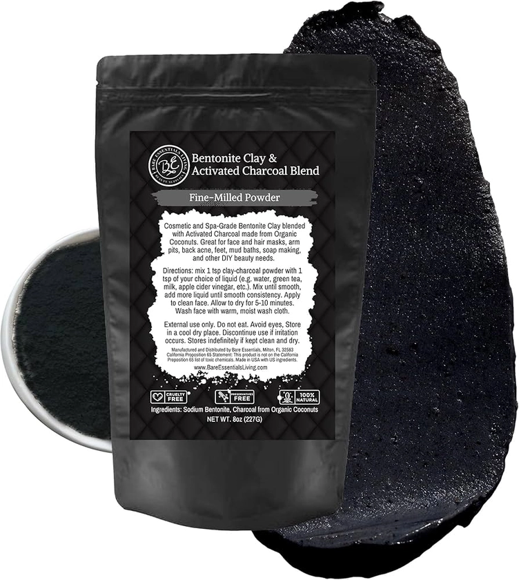 Bare Essentials Living - Bentonite Clay Powder and Activated Charcoal Powder Blend (8oz) Great for Charcoal Face Mask, Facial, Hair Mud Mask, DIY Bentonite Clay Toothpaste, & Charcoal for Soap Making