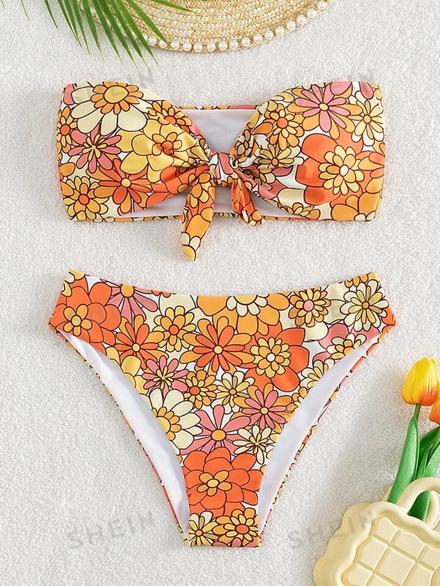 SHEIN Swim Floral Print Bikini Set Knot Front Bandeau Bra & High Waisted Bottom 2 Piece Bathing Suit