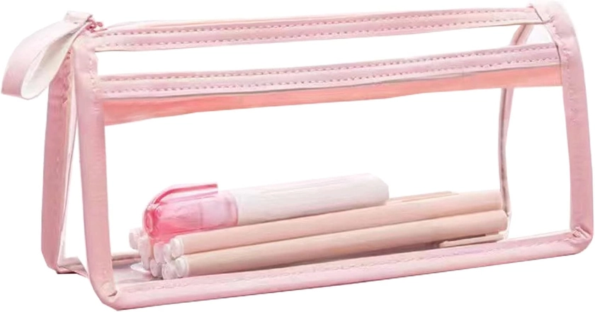 FIYUK Clear Pencil Case Bag Pen Holder Stationery Dual Zipper Organizer Makeup Pouch for School Office Travel, Pink : Amazon.co.uk: Stationery & Office Supplies
