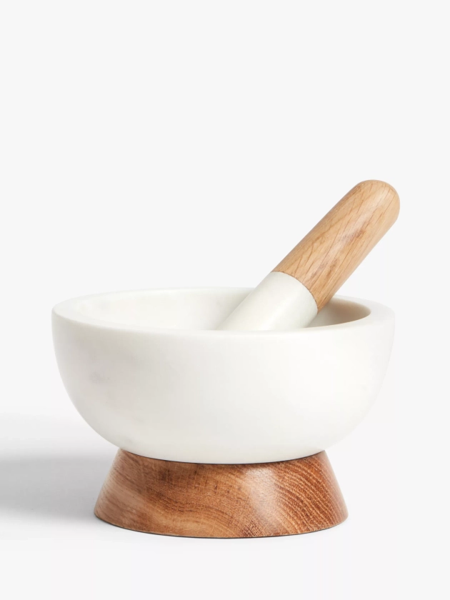 John Lewis & Partners Marble and Oak Wood Pestle & Mortar, Natural/White