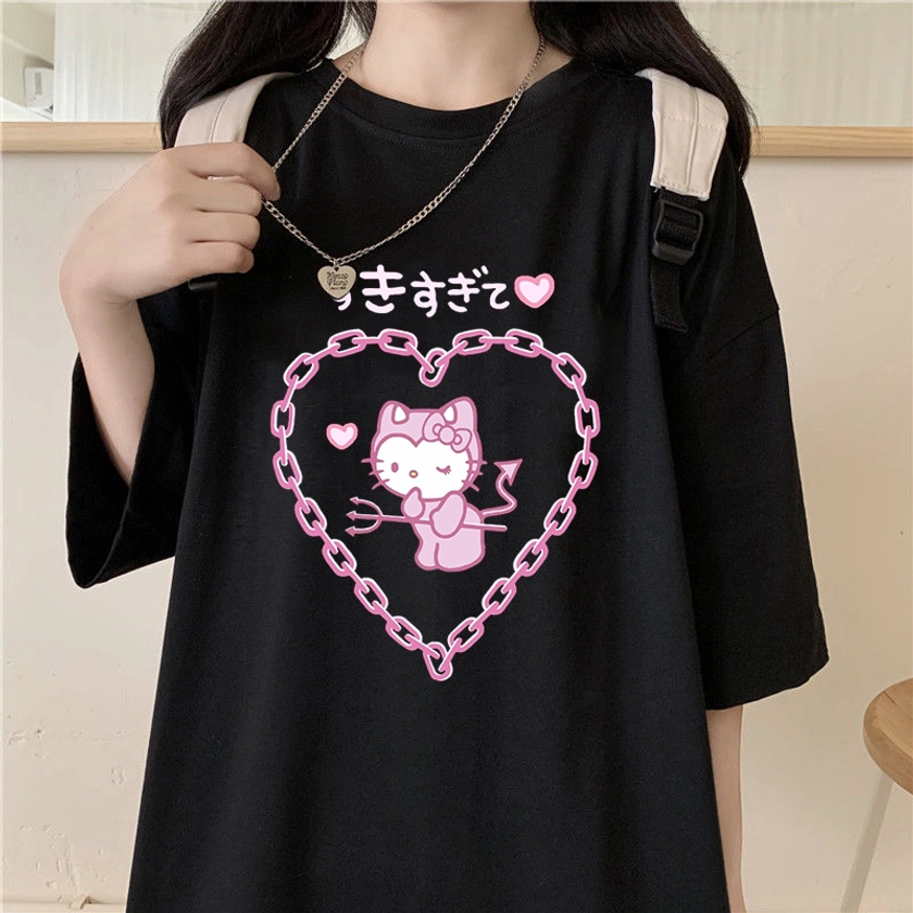 Camiseta Feminina Kuromi Com Estampa De Desenho Japonês Harajuku Hello Kitty Kawaii | Shopee Brasil