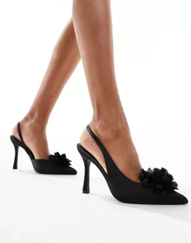 Glamorous - Chaussures à talon et bride arrière avec fleur - Noir | ASOS