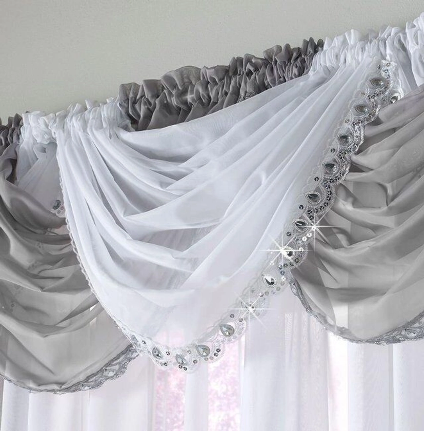 White Jewelled Sequin Sparkle Elegant Polyester Voile Curtain Swag Single