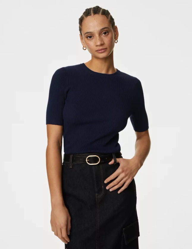 Ribbed Crew Neck Knitted Top | M&S Collection | M&S