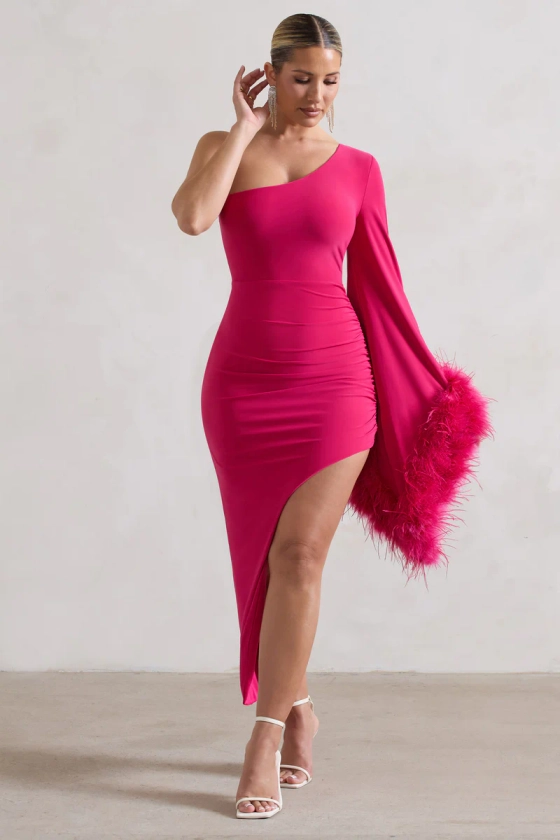 July | Dark Pink Asymmetric One Shoulder Cape Midi Dress With Feathers