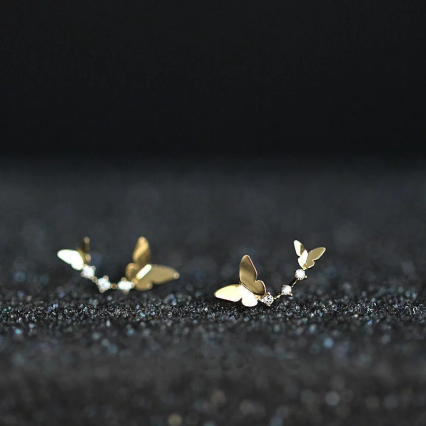 Clearance IN STOCK 14K Solid Gold Dancing Butterfly Duo Stud Earring Crystal Dainty Love Wedding Bridesmaid Bride Garden Victorian - Etsy