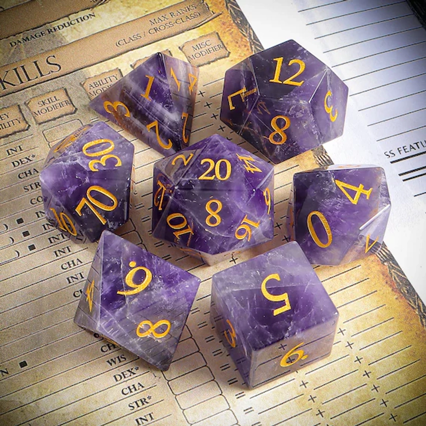 Amethyst DnD Dice Set| Gemstone Dnd Dice Set |Meditate Gemstone| Dungeons and Dragons Tabletop Gaming RPG DND Role Polyhedra Gming Dice Set