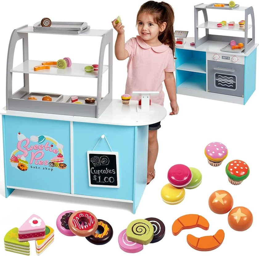 Wooden Bakery Playset Pretend Stand for Kids - 25 Piece Bake Shop Counter w Food, Chalkboard, Cash Register, Trays - Durable Construction for Creative Playtime