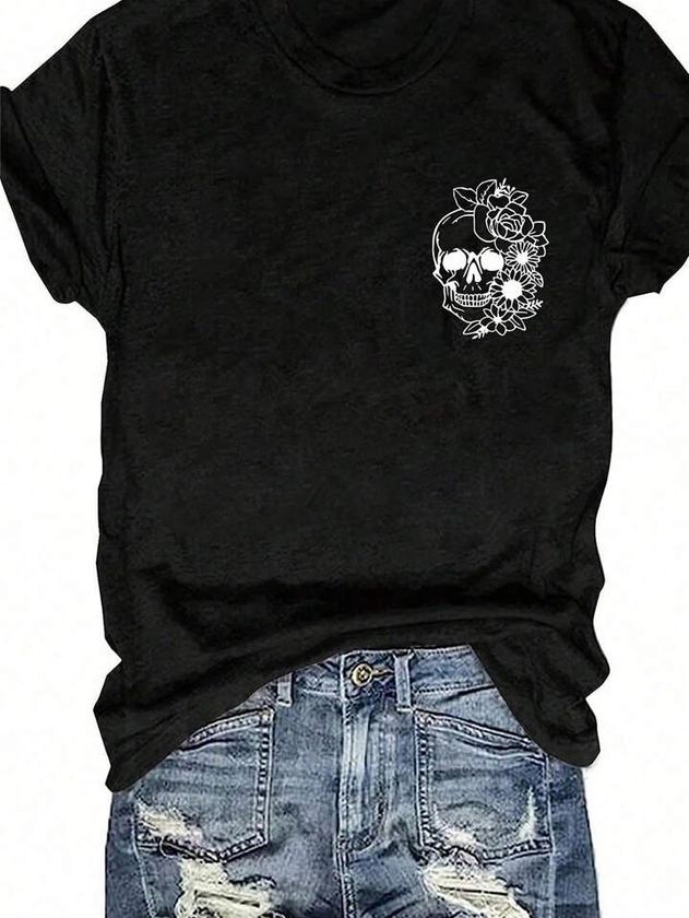 SHEIN LUNE Women's Floral & Skull Print Round Neck Short Sleeve T-Shirt