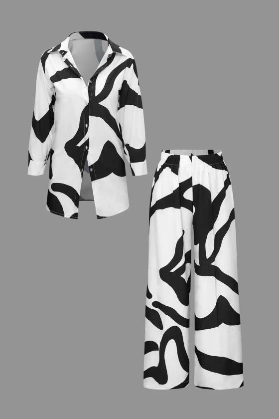 Line Print Button Up Shirt And High Waist Wide Leg Pants Set