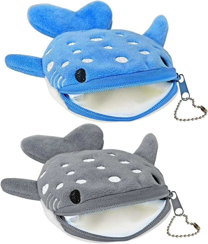 Whale Shark Coin Purse, 2 Pcs Plush Coin Pouch, Cute Kawaii Wallet with Zipper Keychain, Small Embroidered Fish Sea Animal Change Purse for Women