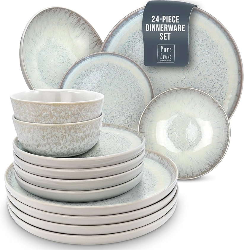 24 Piece Dinner Sets for 6 People - Beautiful Mediterranean Style Stoneware Dinner Set for 6 - Dishwasher & Microwave Safe Plates and Bowls Set for 6 - Dinnerware Sets by Pure Living in Beige