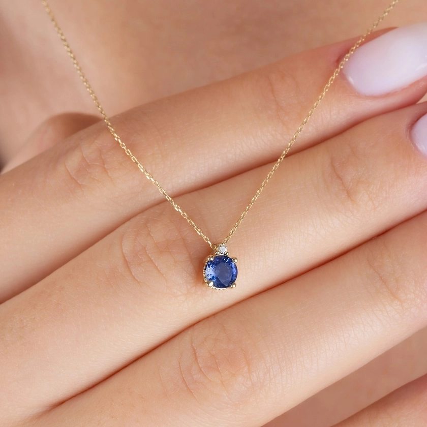 14K Solid Gold Sapphire Necklace, Minimalist Round Real Diamond and Sapphire Birthstone Pendant, Perfect Gift for Mother's Day - Etsy