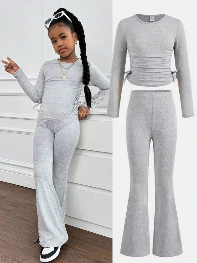 SHEIN Tween Girls' Casual Floral Gray Round Neck Ruched Long Sleeve Fitted Knit Top And Flare Pants Set, Suitable For Home And Outdoor ,Travel Outfit Airport