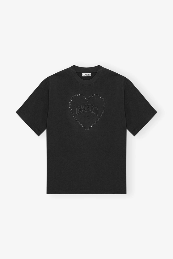 Phantom Black Heavy Cotton Drop Shoulder Heart T-shirt | GANNI FR