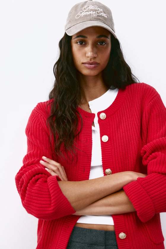 Rib-Knit Cardigan - Round Neck - Long sleeve - Red - Ladies | H&M US