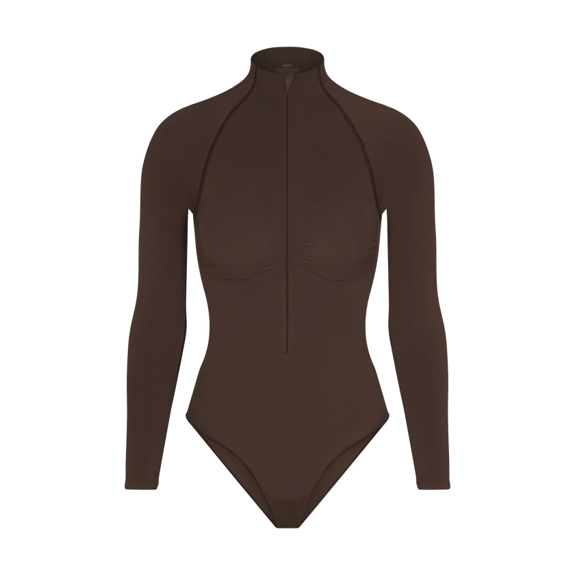 SEAMLESS SCULPT ZIP FRONT LONG SLEEVE THONG BODYSUIT | ESPRESSO