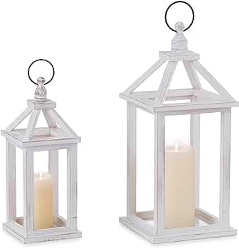 White Wood Lantern Decorative Set of 2, Indoor Rustic Candle Holder for Centerpiece Mantle Shelf Porch, 12" & 16" Farmhouse Home Decor