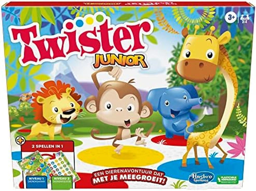 Twister Junior spel, omkeerbare jungle-avontuurmat, 2 spellen in 1, indoor groepsspel voor 2 tot 4 spelers (Nederlandse versie) : Amazon.com.be: Speelgoed