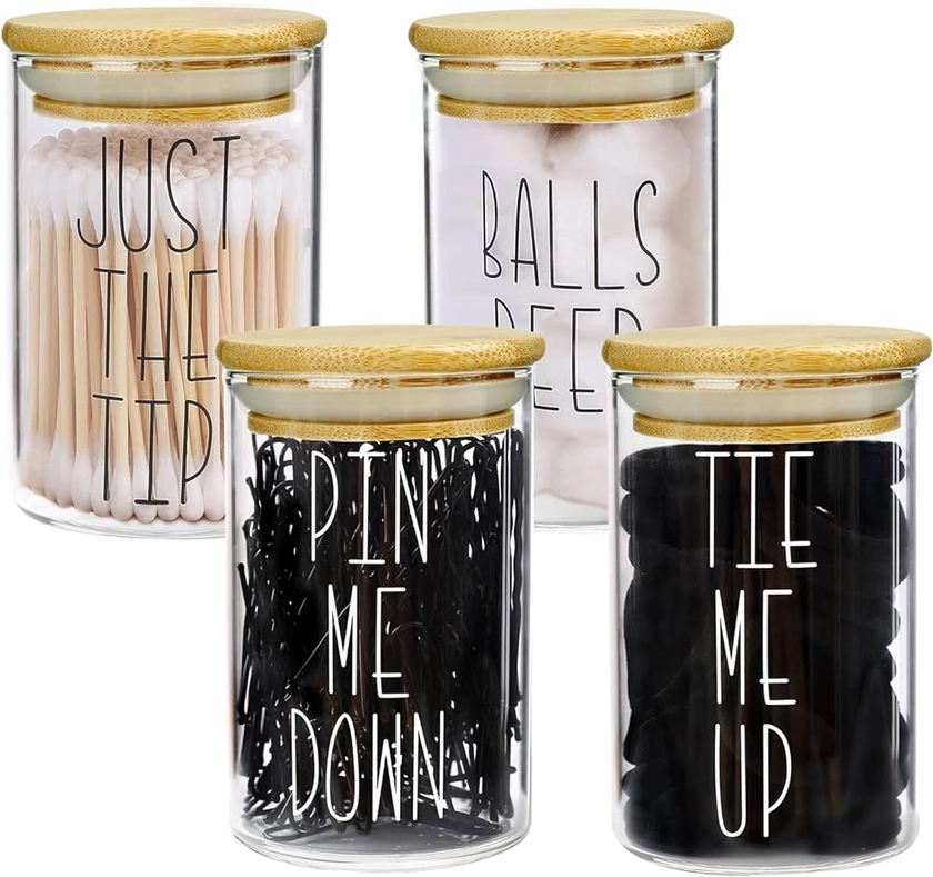 MOMEEMO Apothecary Jars with Lids Glass, Cotton Ball, Qtip/Bobby Pin Holder, Hair Tie Organizer are Great for Bathroom Organization, Accessories. (Set of 4, Ties & Pins)