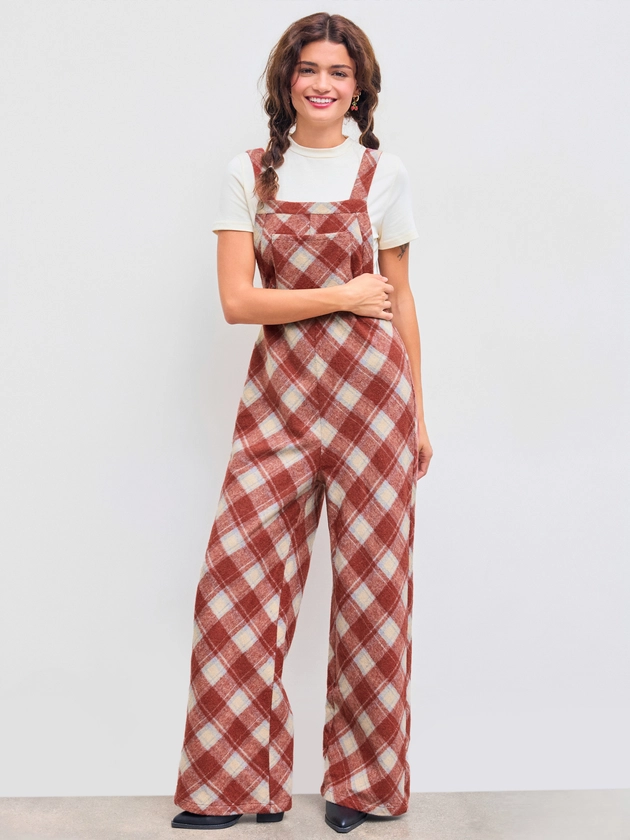 Countryside Core Wool-like fabrics Wool-like Square Neck Checks Pocket Straight Leg Jumpsuit For School