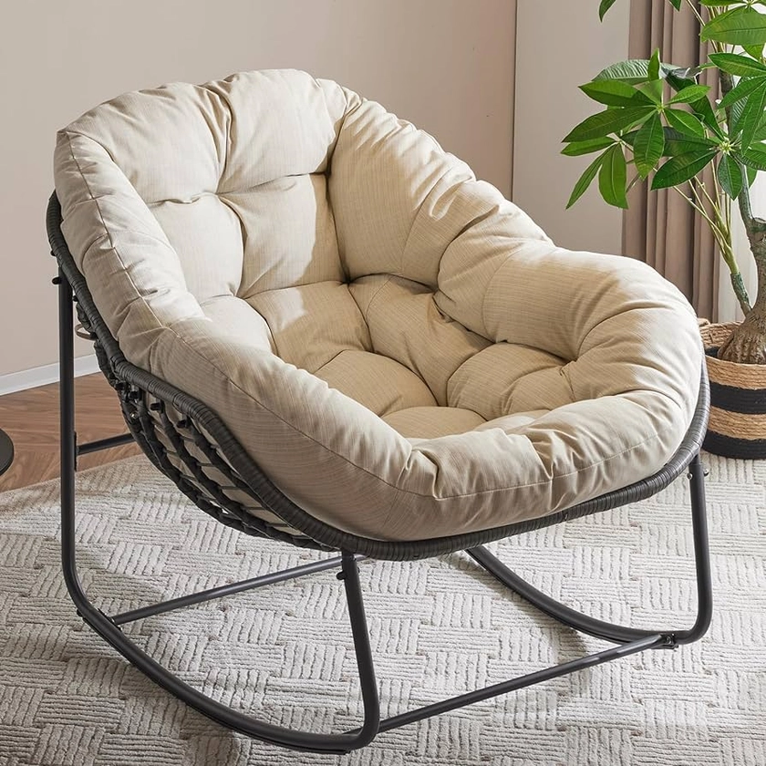 Papasan Rocking Chair with Thick Cushion, Indoor Outdoor Comfy Patio Chair with Upgraded Steel Frame Oversized Wicker Lounge Chair for Front Porch, Garden, Bedroom, Living Room