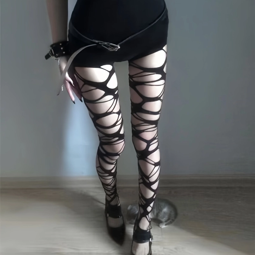 Ripped Sheer Pantyhose, Punk Sexy Hollow Out Black Tights, Women&#39;s Stockings &amp; Hosiery