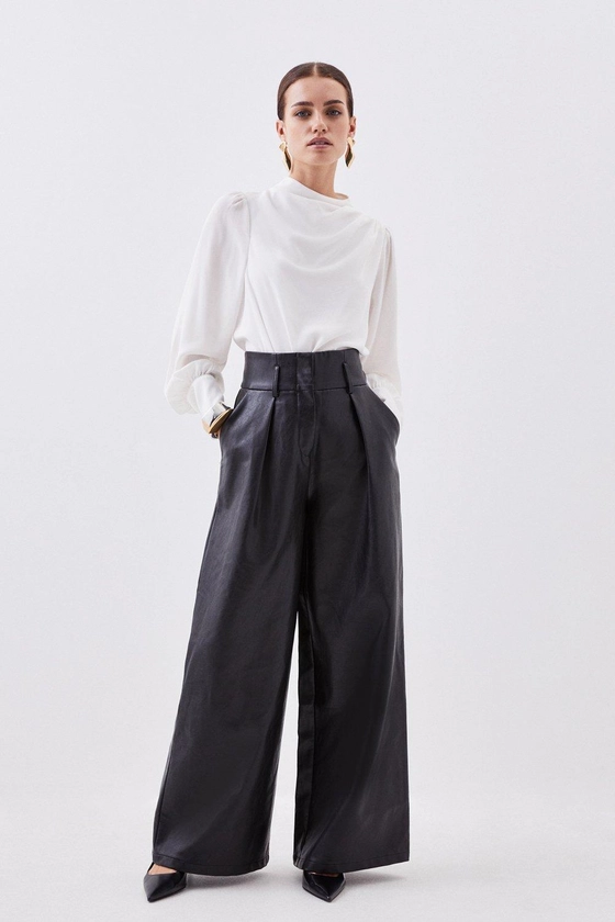 Petite Faux Leather High Waisted Wide Leg Pants | Karen Millen