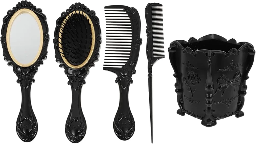 5pcs Vanity Set - Antique Comb and Mirror Holder, Vintage Dresser Hair Comb for Wet and Dry Dressing, Plastic Combs