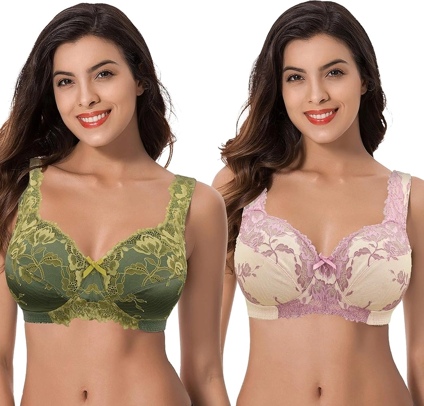 Curve Muse Women's Plus Size Minimizer Unlined Wireless Lace Full Coverage Bras