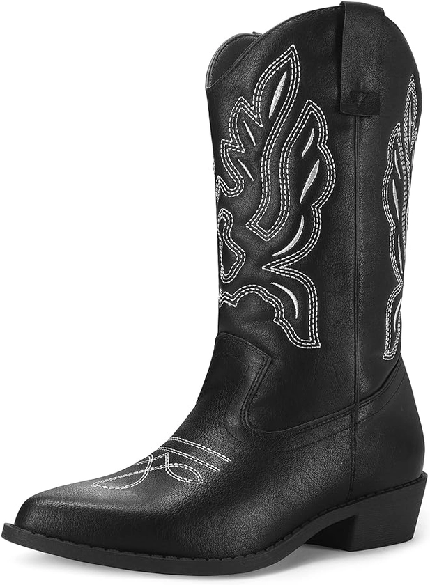 mysoft Women's Western Cowboy Boots Embroidered Mid-Calf Pointed Toe Cowgirl Boot, Accommodate Both Regular and Wide Calf