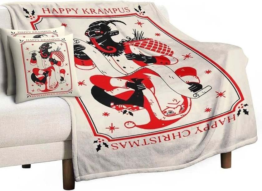 Merry Krampus Flannel Throw Blankets with 2 Pillow Covers, Lightweight Soft Cozy Blankets, Decorative Throw Blankets for Couch Sofa Bed 50"x40"