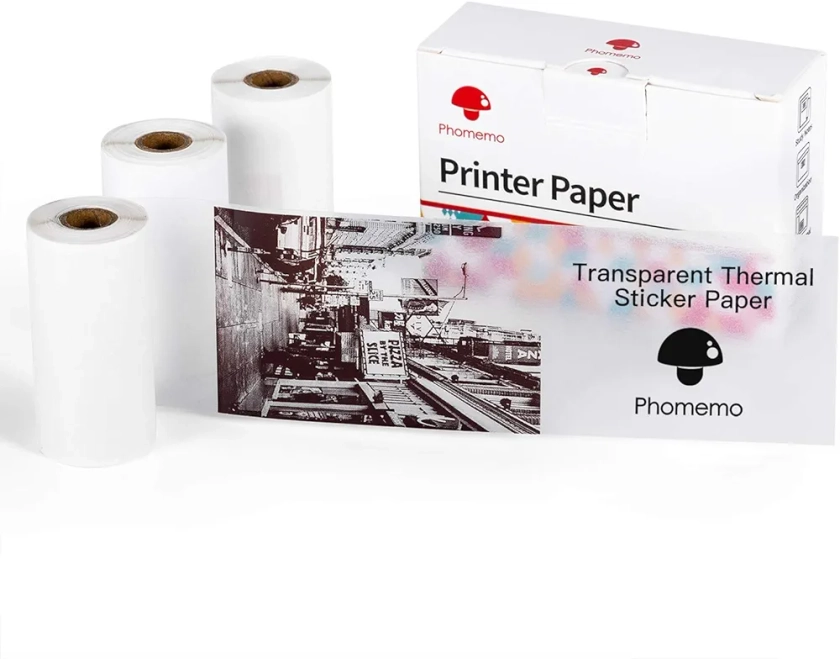 Phomemo Papier Transparent pour M02, M02PRO, T02, M02S, M02X, M02L, M03, M03AS, M04S, M04AS Mini Imprimante Portable Thermique, 53mm x 3.5m, 3 Rouleaux