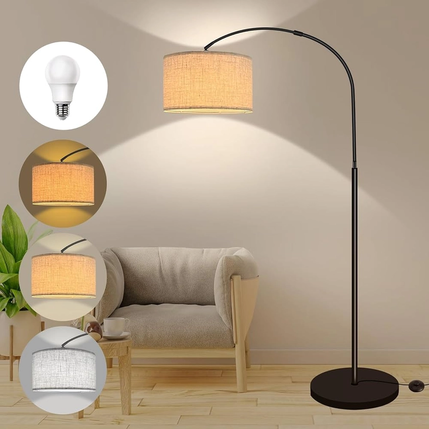 Lampe arc lampadaire salon avec 3 températures de couleur, ampoule E27 12W fournie, abat-jour en lin, interrupteur au pied, lampadaire LED dimmable Convient pour chambre, lecture, bureau, etc