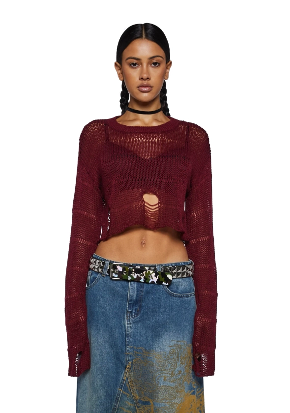 Current Mood Sheer Distressed Knit Crop Sweater - Burgundy