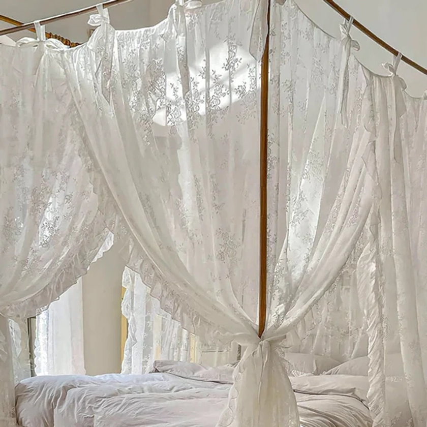 French Style floral embroidery Bed Canopy | Farmhouse lace canopy bed curtains with ties | Romantic Canopy Drapery Curtains
