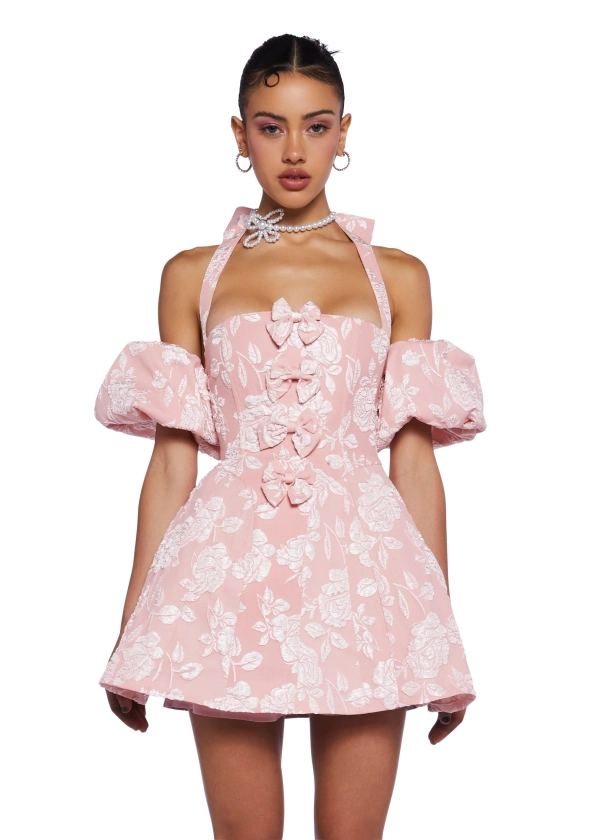 Sugar Thrillz Regency Floral Bow Brocade Halter Puff Sleeve Mini Dress - Pink