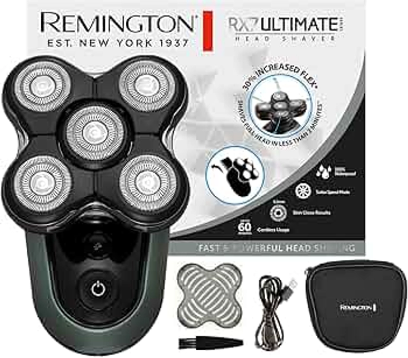 Remington Rasoio Testa Calva Uomo - Funzione Turbo Boost, Ottima velocità e Precisione - Rasoio a Testine Rotanti al litio, 5 testine di rasatura, Raccolta peli, Rifinitore, impermeabile, XR1600