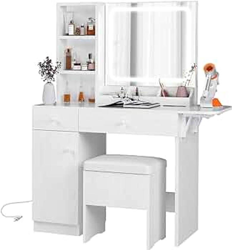 IRONCK Vanity Desk with LED Lighted Mirror & Power Outlet, Makeup Table with Drawers & Cabinet,Storage Stool,for Bedroom, White