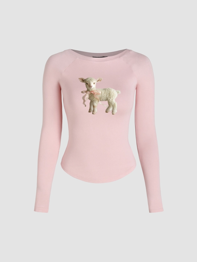 Boat Neck Sheep Bowknot Long Sleeve Top