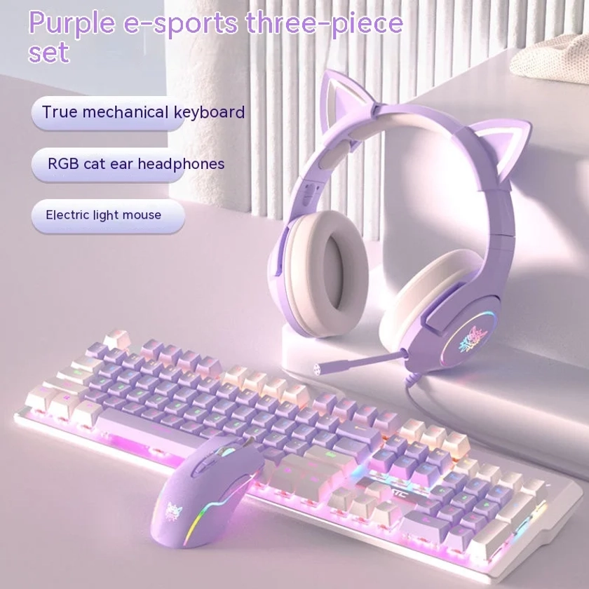 Fantasy Purple Mechanical Keyboard Mouse Earphone Set Wired Blue Axis 104 Keys Aluminum Alloy Panel Gifts For Esports Games